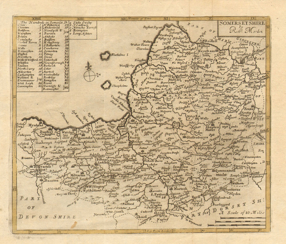 'SOMERSETSHIRE BY Robt. Morden'. Scarce Morden Miniature county map c1701