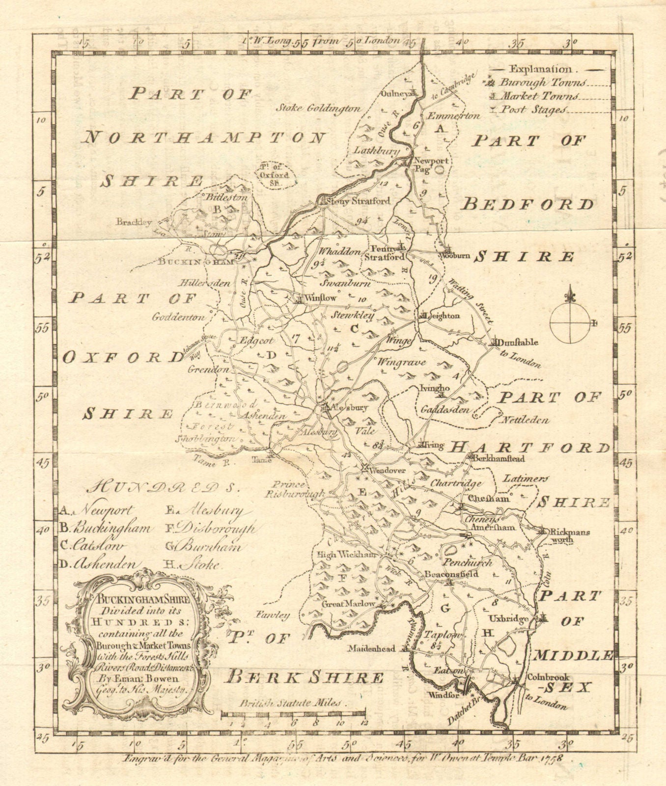 Antique map of Buckinghamshire by Emmanuel Bowen 1758 old chart ...