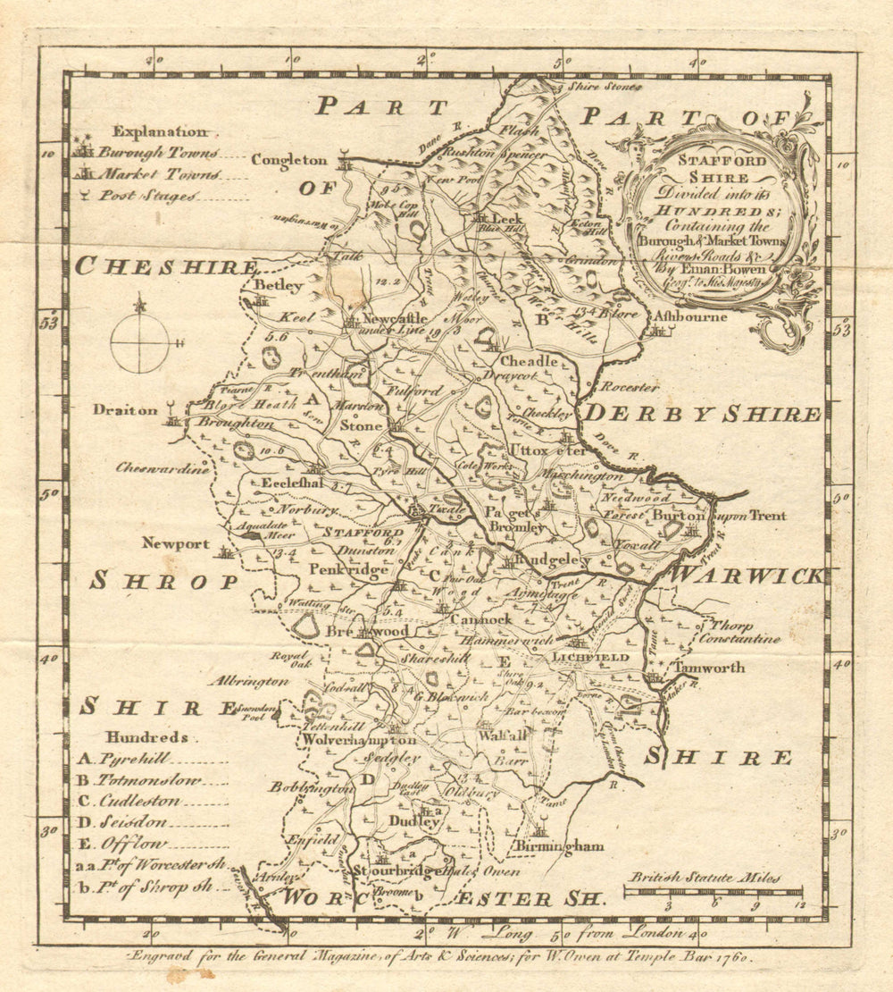 Antique map of Staffordshire by Emmanuel Bowen 1760 old plan chart