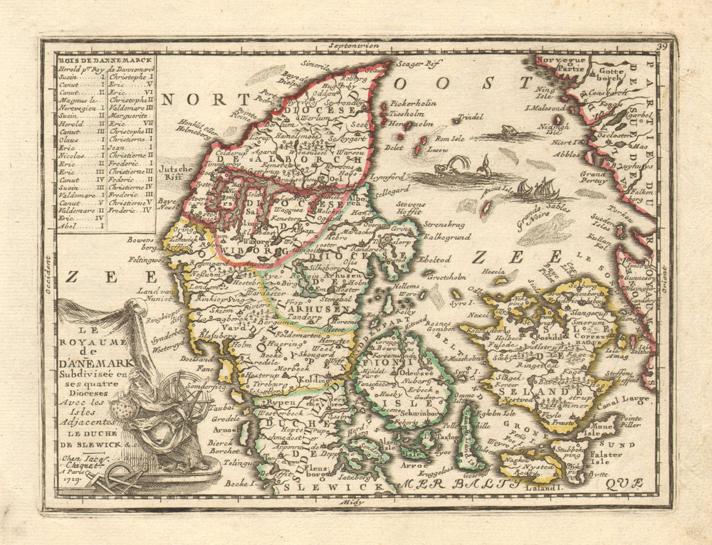 DENMARK. 'Le Royaume de Danemark' by Jacques CHIQUET. Sea Monsters 1719 map