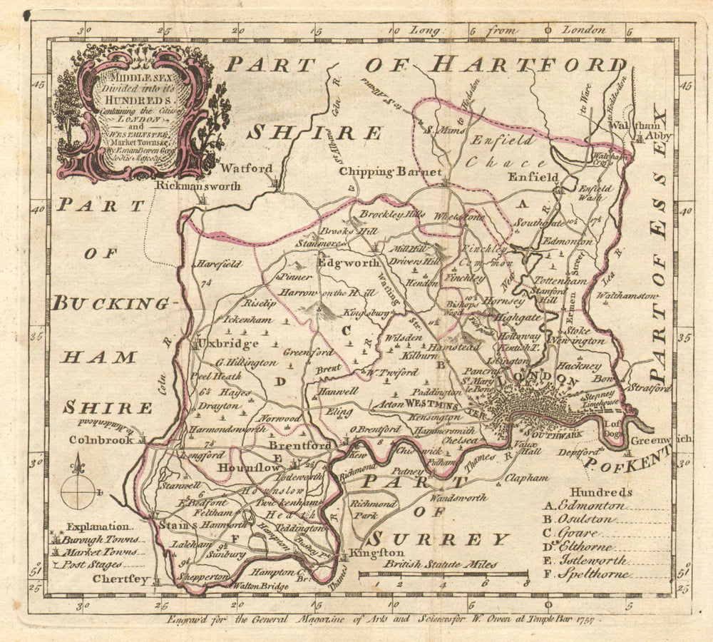 Antique map of Middlesex by Emmanuel Bowen. London, Westminster & Southwark 1757