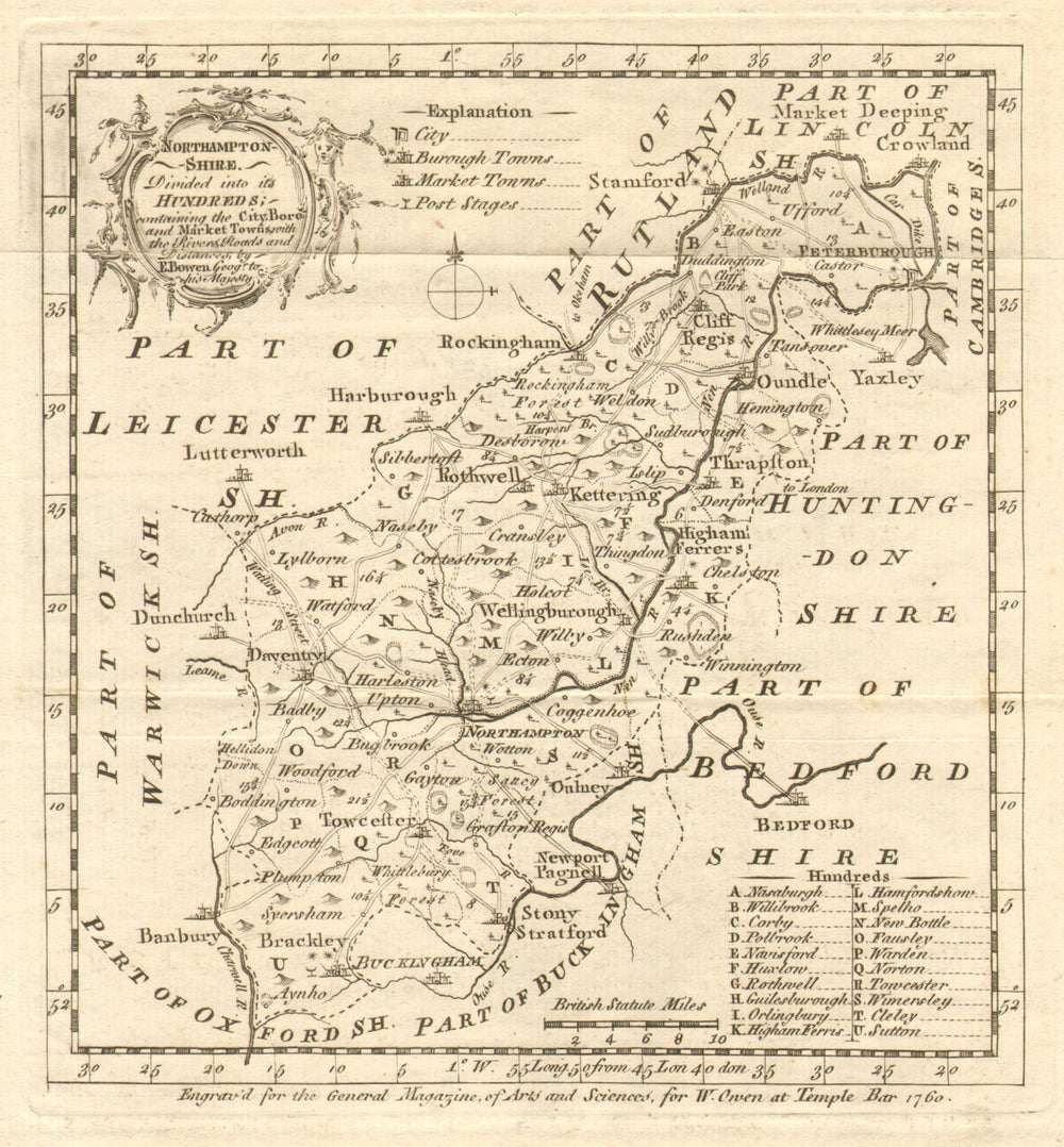 Antique map of Northamptonshire by Emmanuel Bowen 1760 old chart