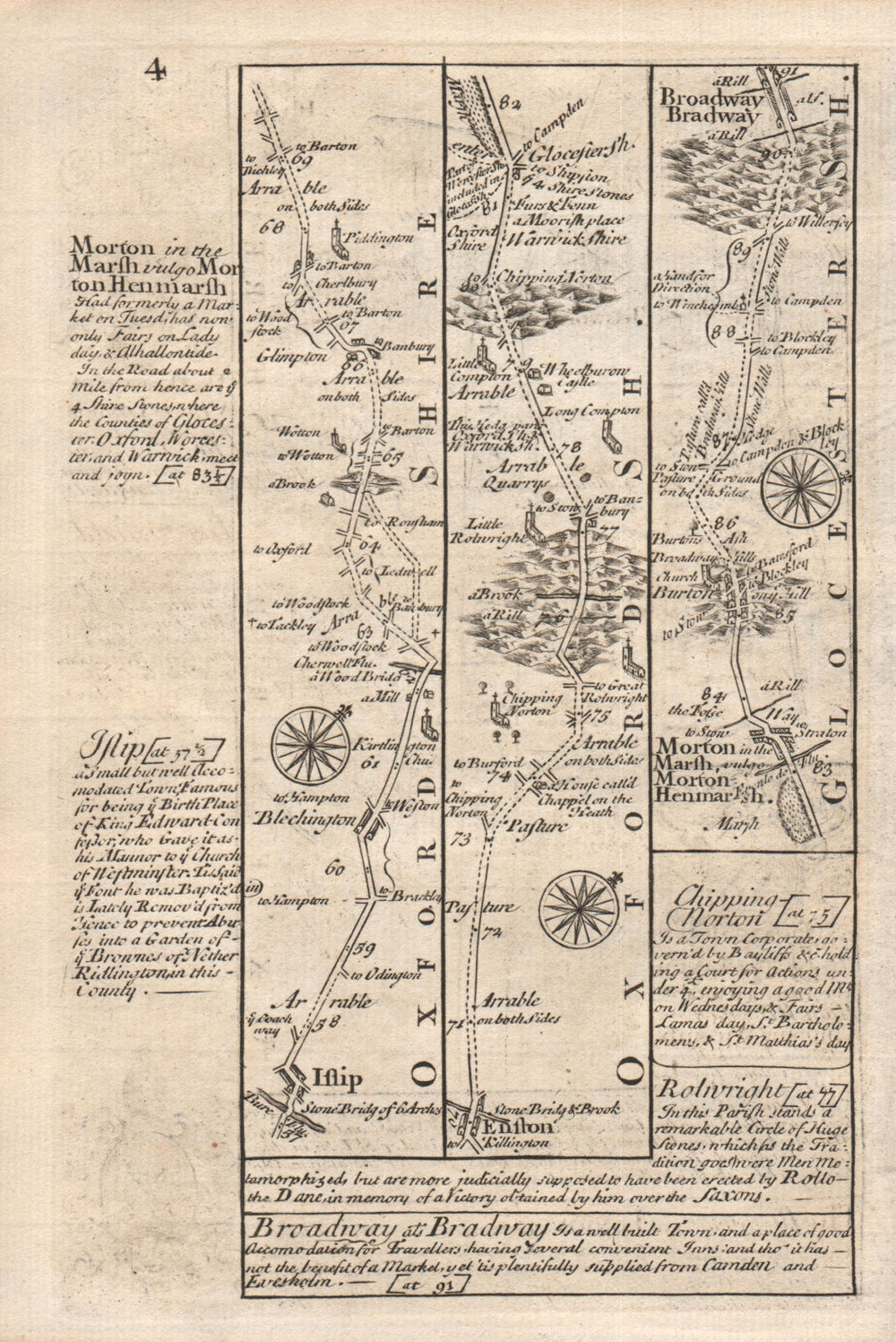 Islip-Bletchingdon-Enstone-Moreton-in-Marsh-Broadway OWEN/BOWEN road map 1753