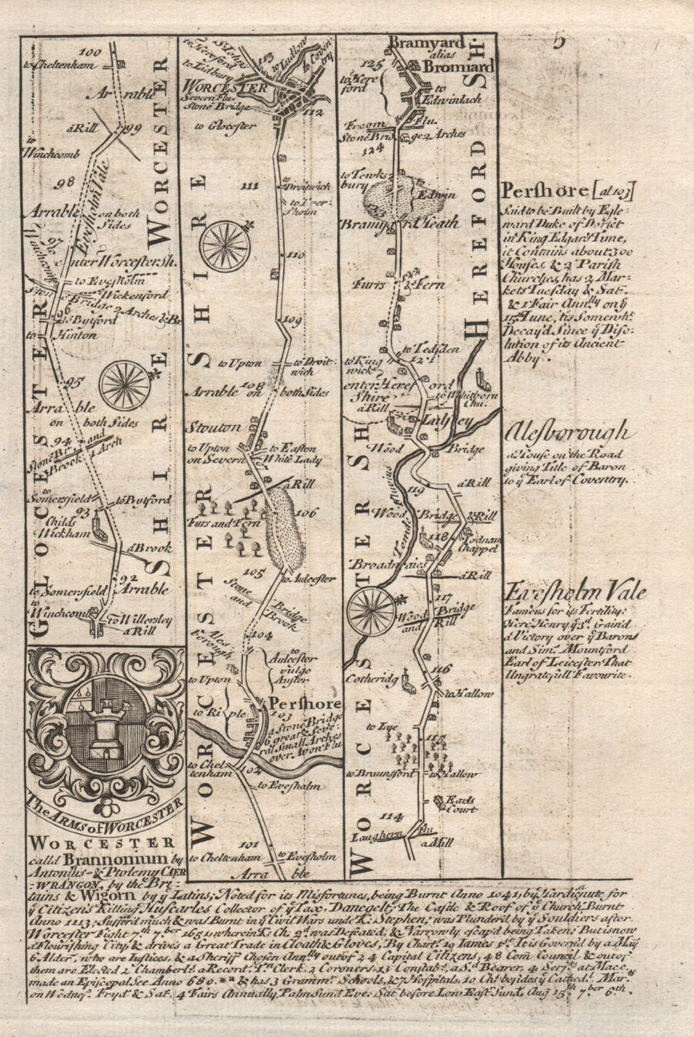 Childswickham-Pershore-Worcester-Lulsley-Bromyard road map by OWEN & BOWEN 1753