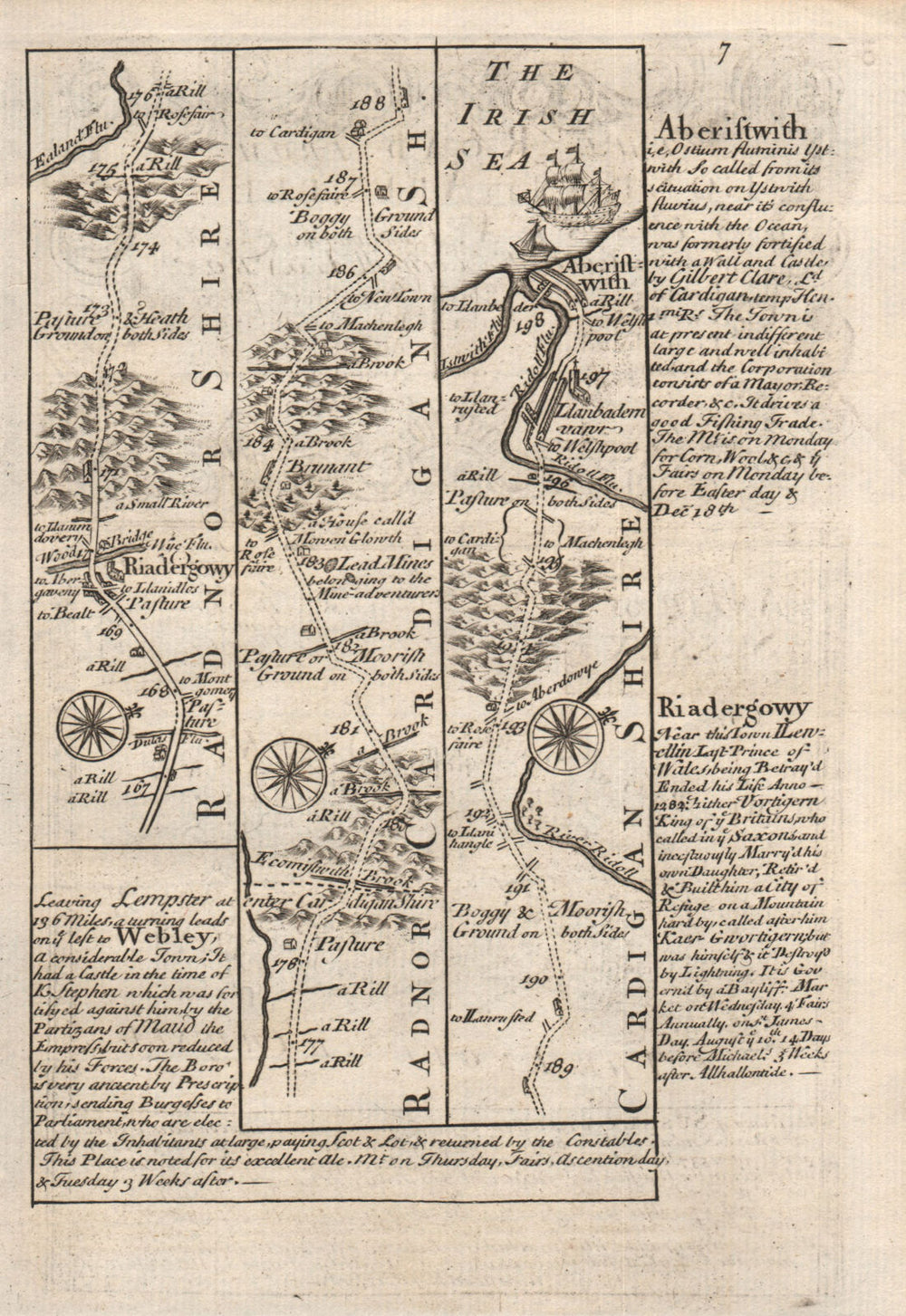 Rhayader-River Wye-Bronant-Aberystwyth road map by J. OWEN & E. BOWEN 1753