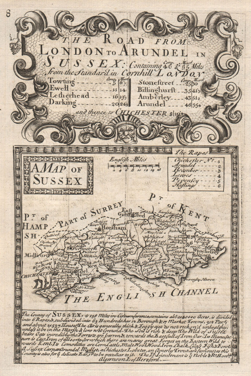 'A Map of Sussex'. County map by J. OWEN & E. BOWEN 1753 old antique chart