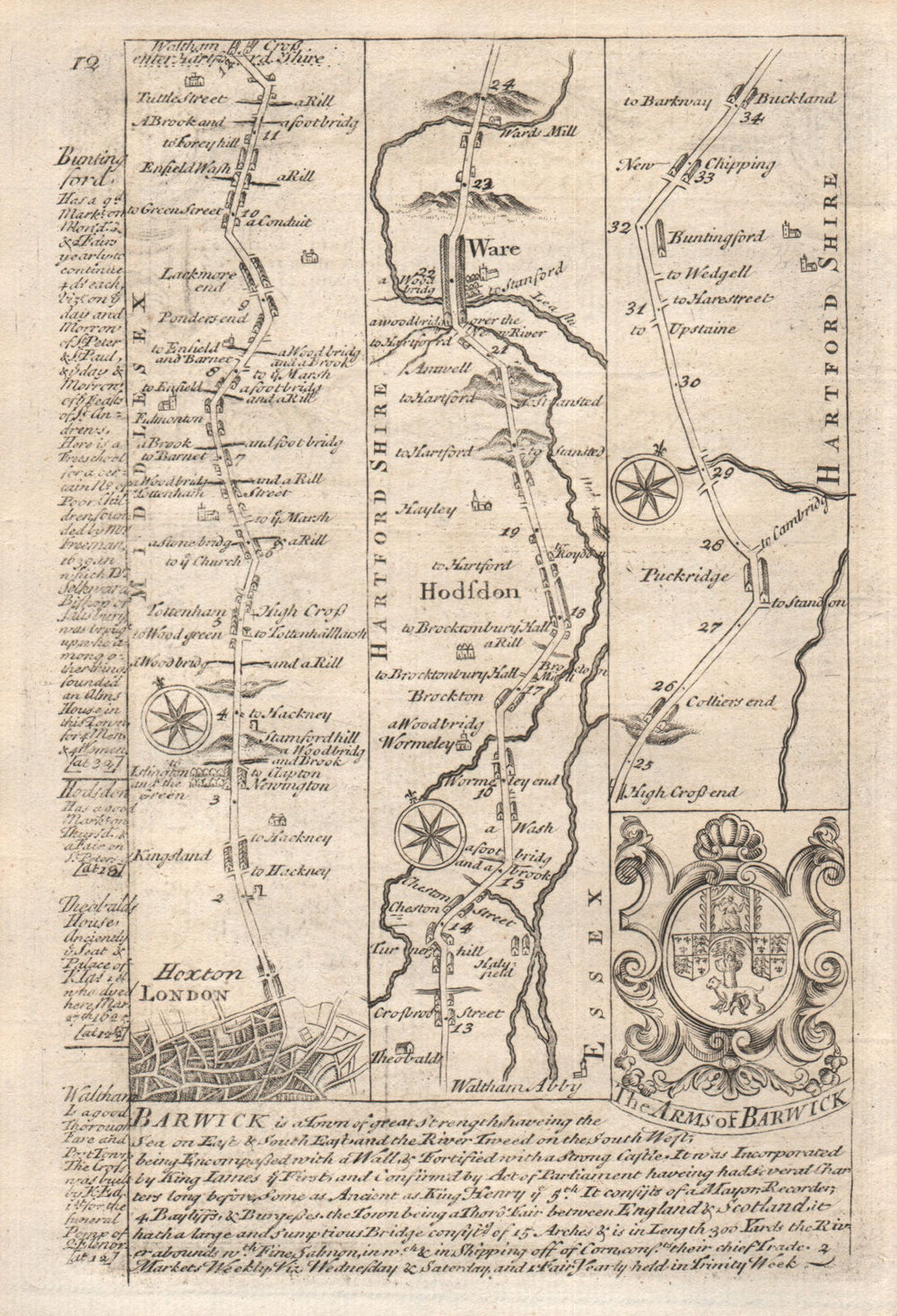 London-Hoxton-Tottenham-Edmonton-Waltham Cross-Hoddesdon-Ware BOWEN map 1753