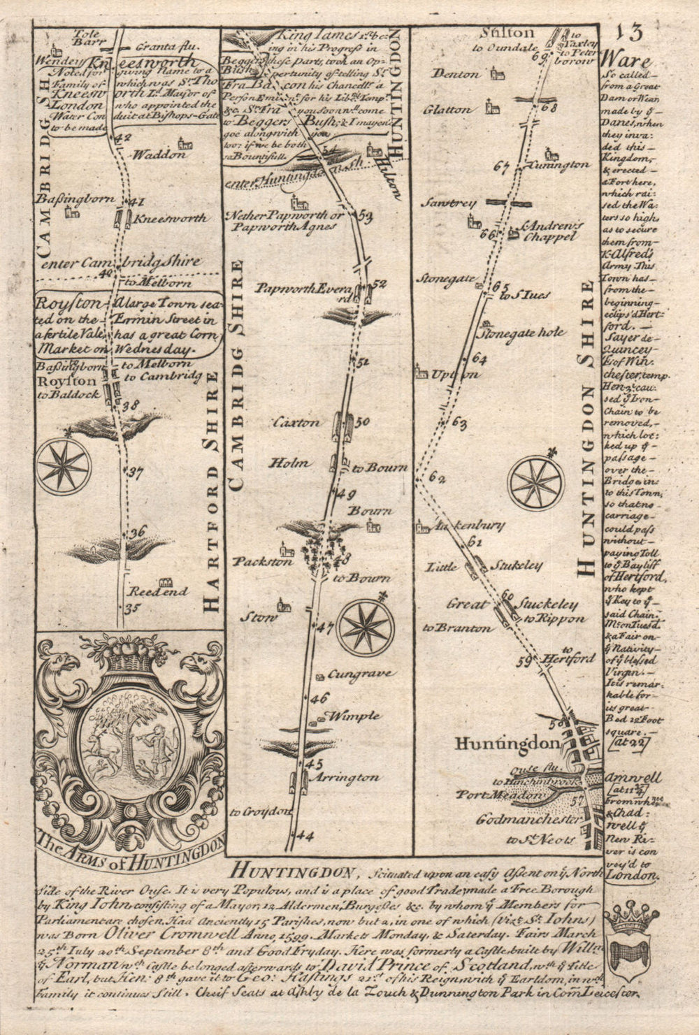 Royston-Arrington-Caxton-Huntingdon-Stilton road map by OWEN & BOWEN 1753