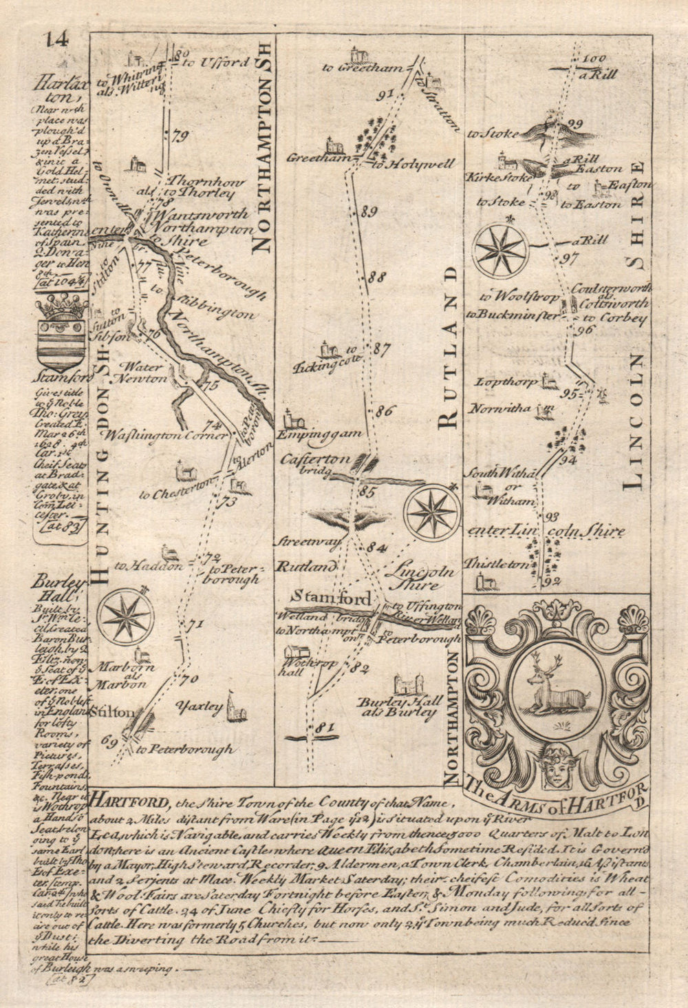 Stilton-Stamford-Great Casterton-Colsterworth road map by OWEN & BOWEN 1753