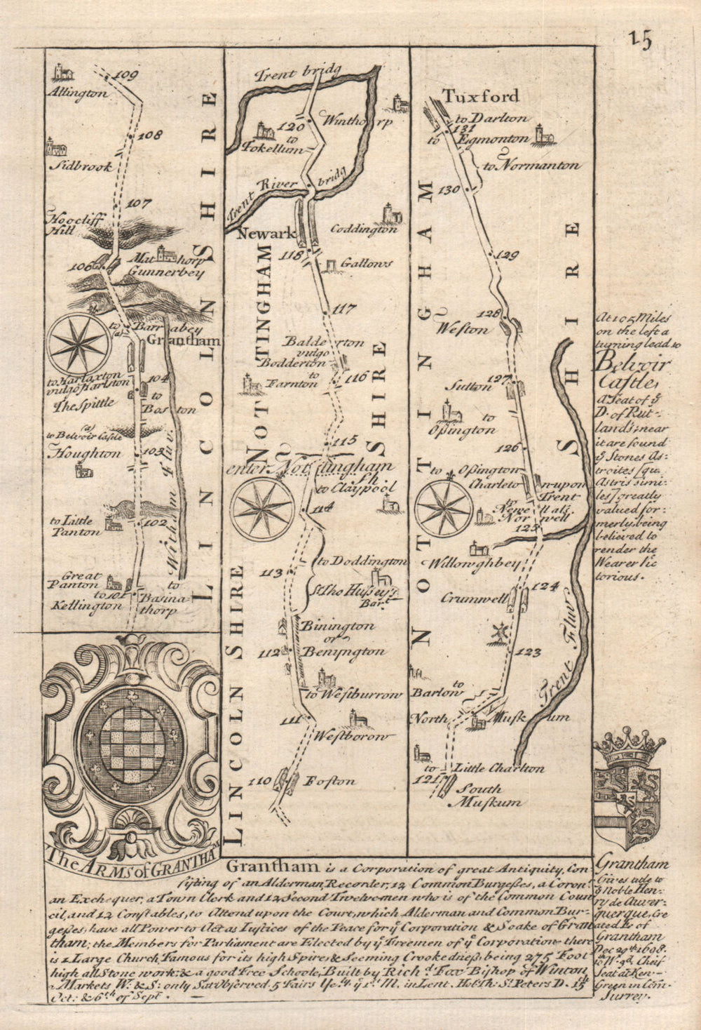 Grantham-Foston-Newark-on-Trent-Tuxford road map by J. OWEN & E. BOWEN 1753