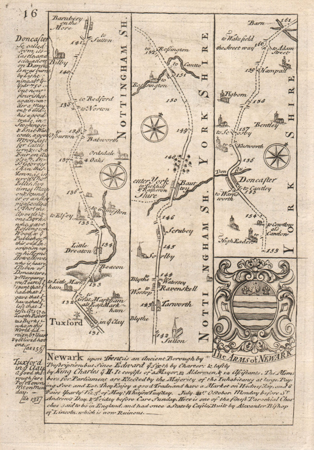 Tuxford-Barnby Moor-Bawtry-Doncaster road strip map by J. OWEN & E. BOWEN 1753
