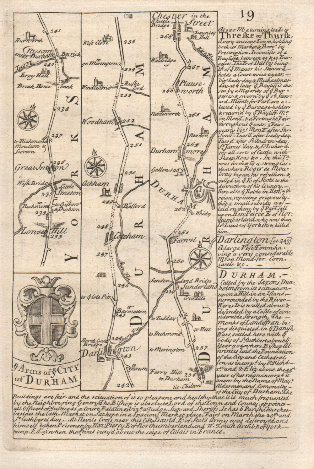 Great Smeaton-Darlington-Woodham-Durham road map by J. OWEN & E. BOWEN 1753