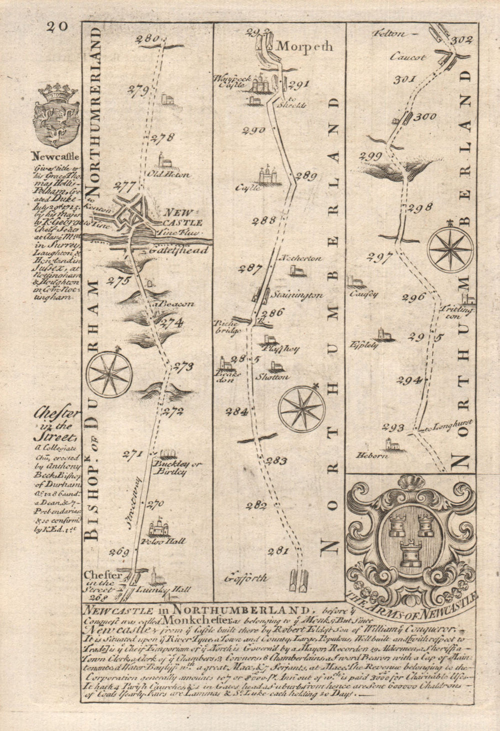 Chester le Street-Newcastle upon Tyne-Morpeth-Felton OWEN/BOWEN road map 1753