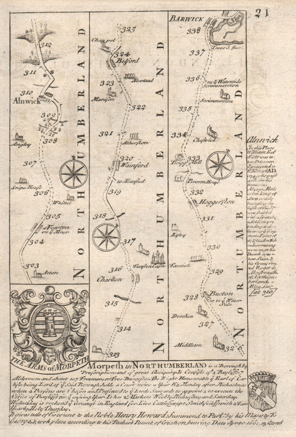 Alnwick-Belford-Haggerston-Berwick-upon-Tweed road map by OWEN & BOWEN 1753