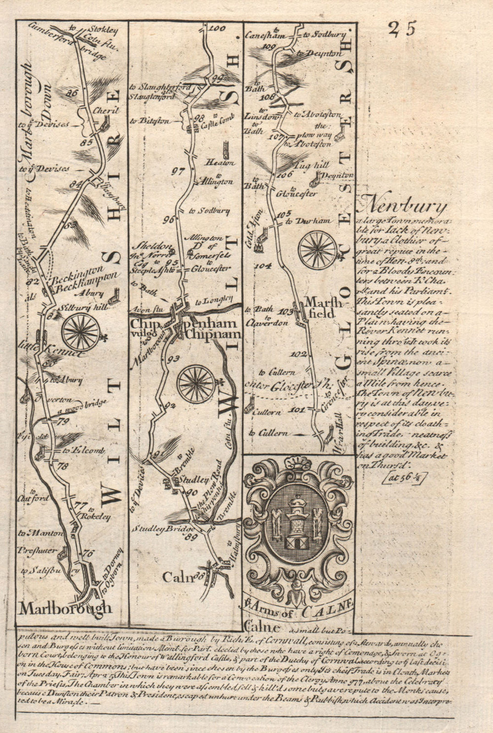 Marlborough-Calne-Chippenham-Marshfield road map by J. OWEN & E. BOWEN 1753