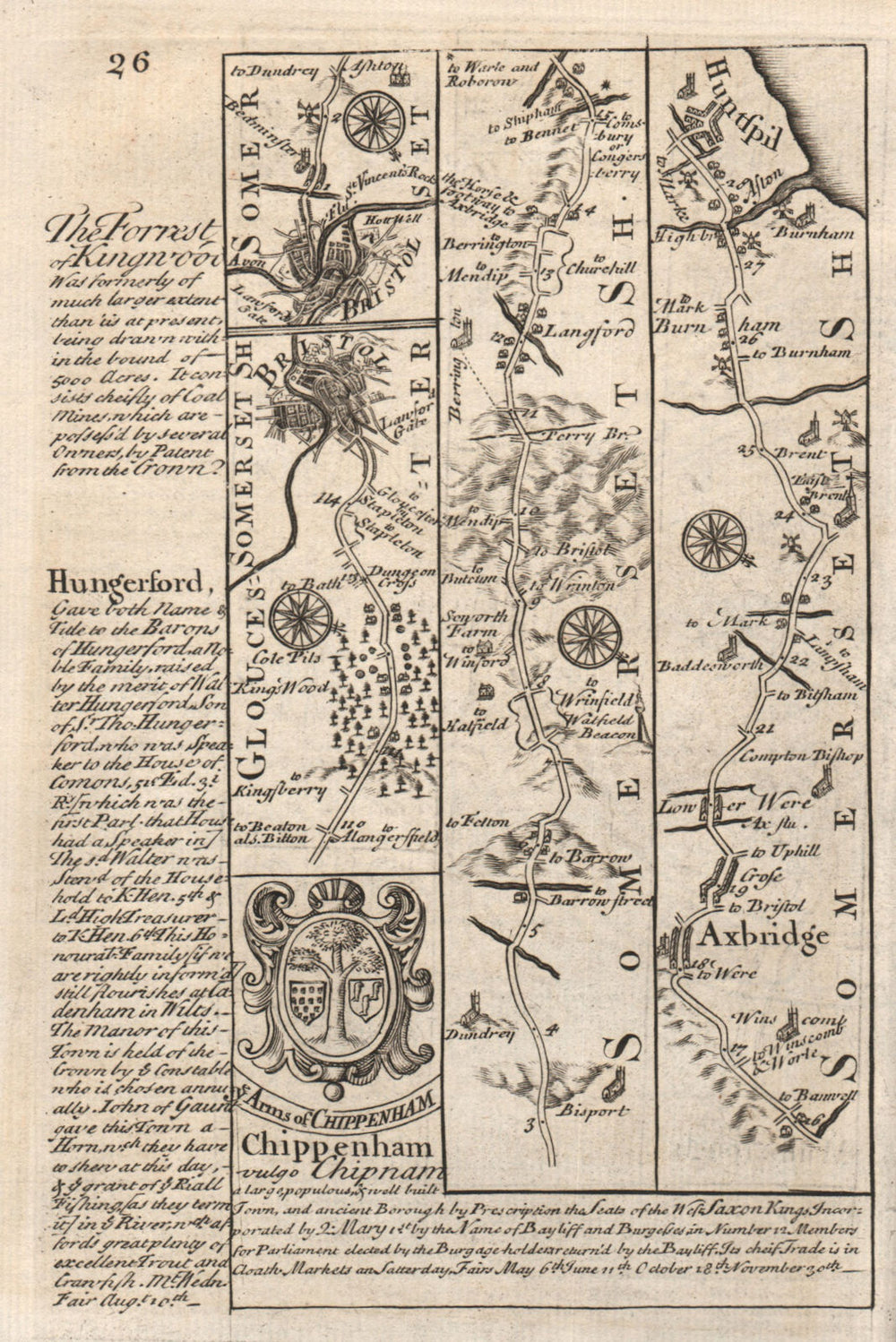 Bristol-Axbridge-Huntspill road strip map by J. OWEN & E. BOWEN 1753 old