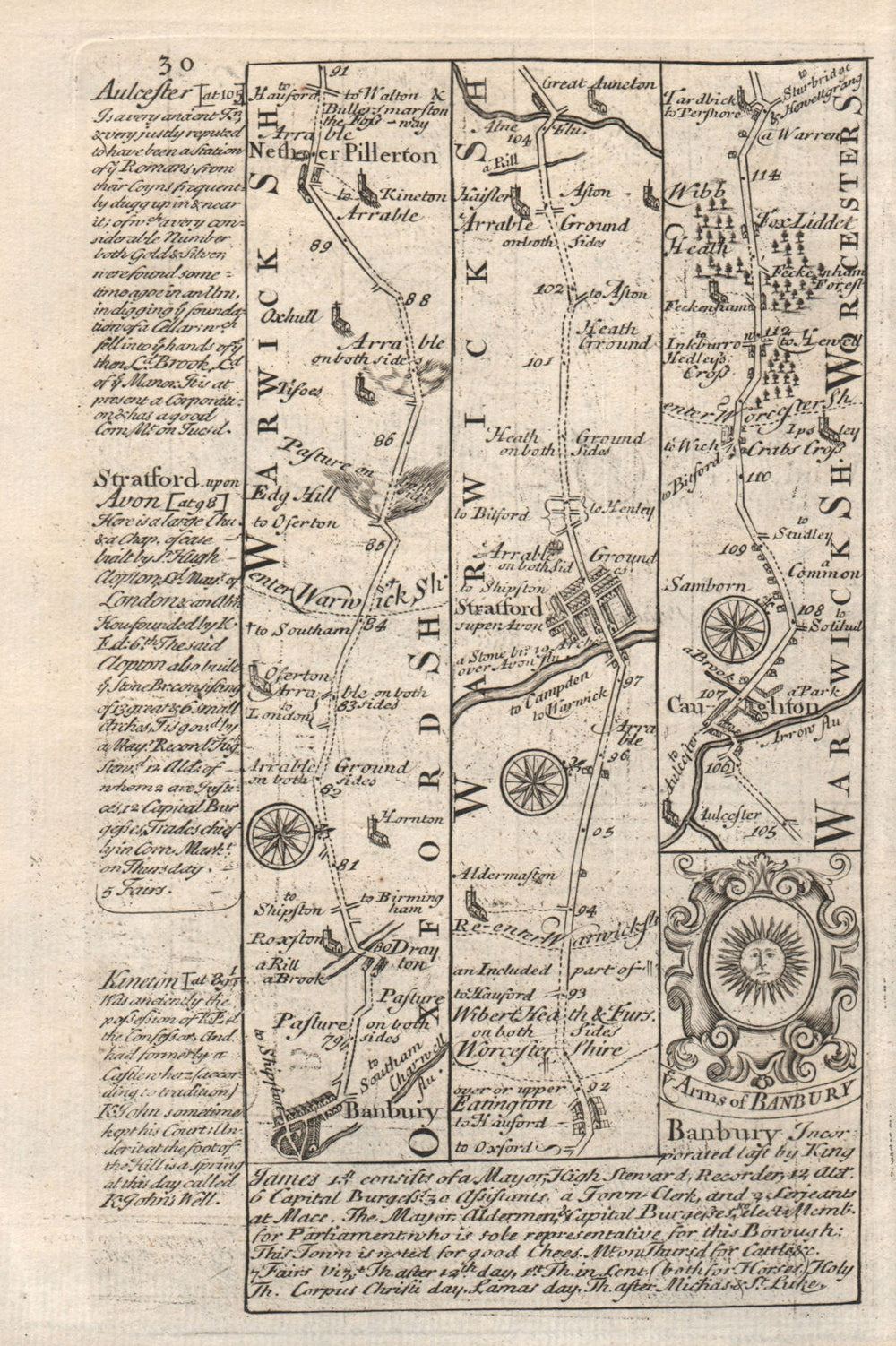Banbury-Ettington-Stratford upon Avon-Coughton road map by OWEN & BOWEN 1753