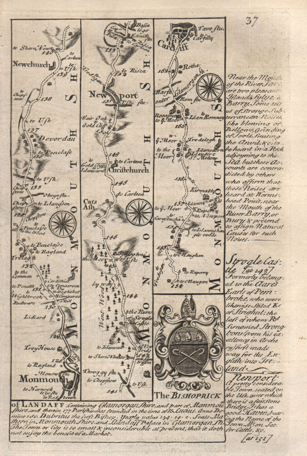Monmouth-Newchurch-Newport-Cardiff road strip map by J. OWEN & E. BOWEN 1753
