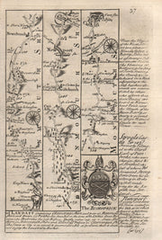 Monmouth-Newchurch-Newport-Cardiff road strip map by J. OWEN & E. BOWEN 1753