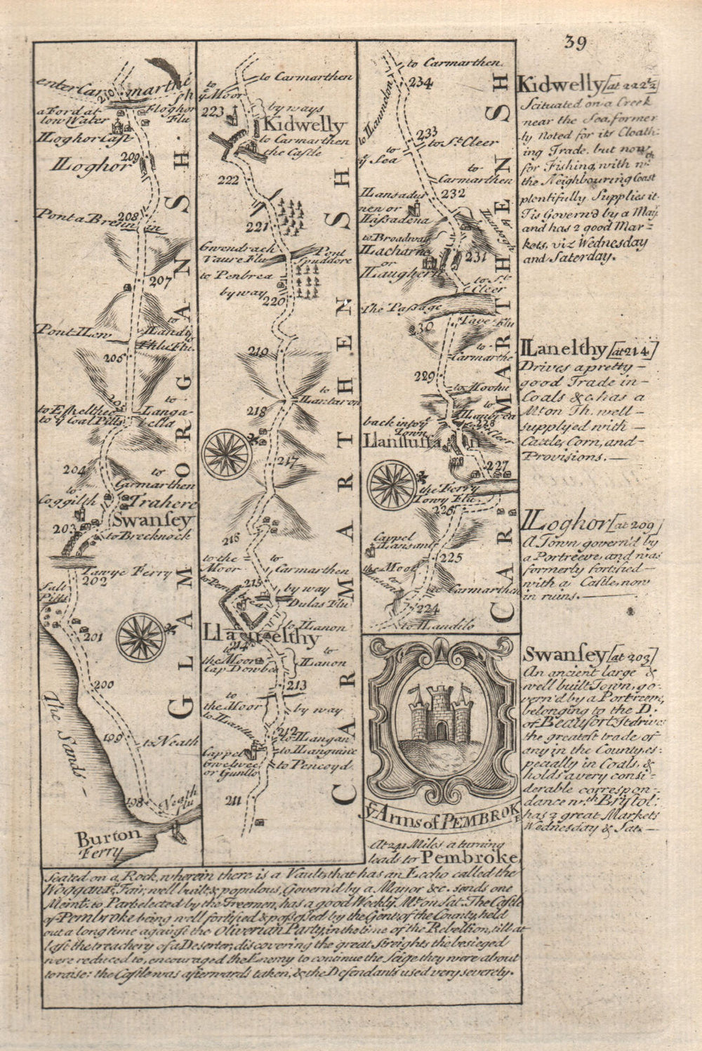 Briton Ferry-Swansea-Llanelli-Kidwelly road map by J. OWEN & E. BOWEN 1753