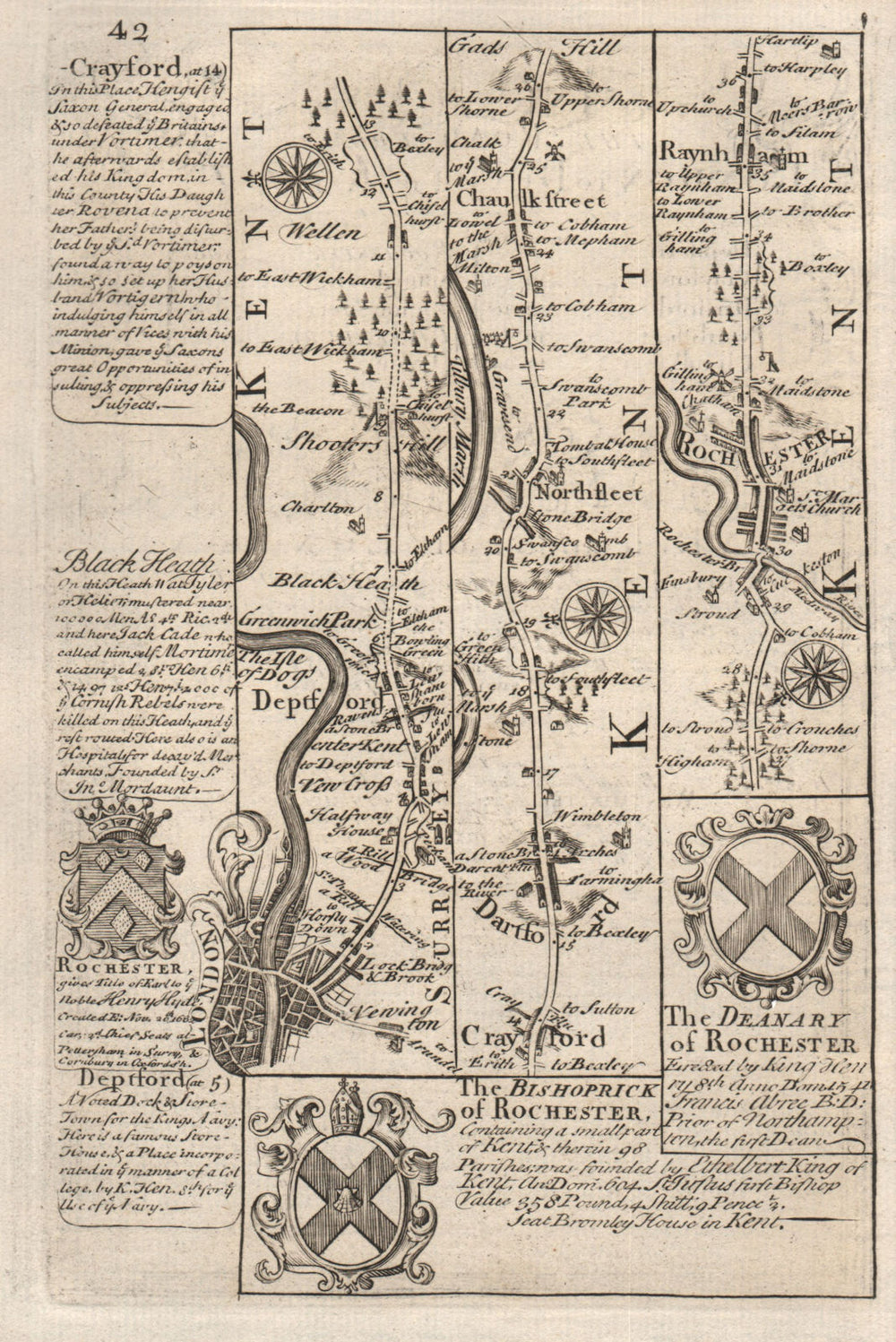 London-Deptford-Shooter's Hill-Dartford-Rochester OWEN/BOWEN road map 1753