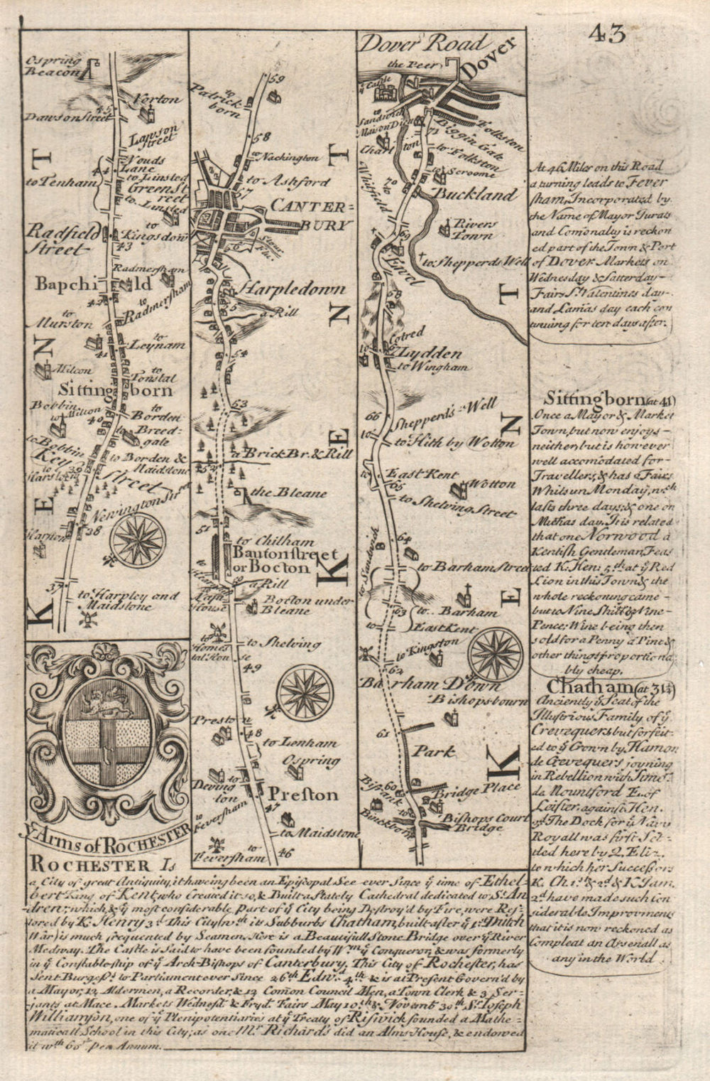 Sittingbourne-Canterbury-Bishopsbourne-Lydden-Dover OWEN/BOWEN road map 1753