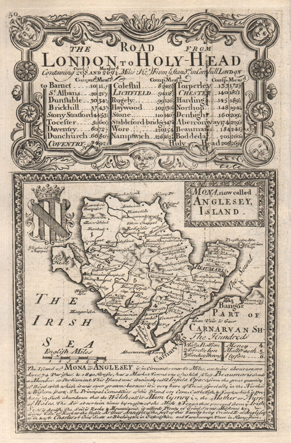 'Mona, now called Anglesey, Island.'. County map by J. OWEN & E. BOWEN 1753