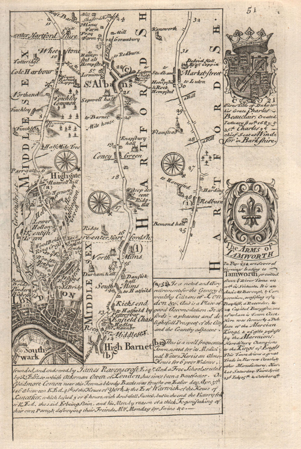London-Holloway-High Barnet-St Albans-Redbourn road map by OWEN & BOWEN 1753
