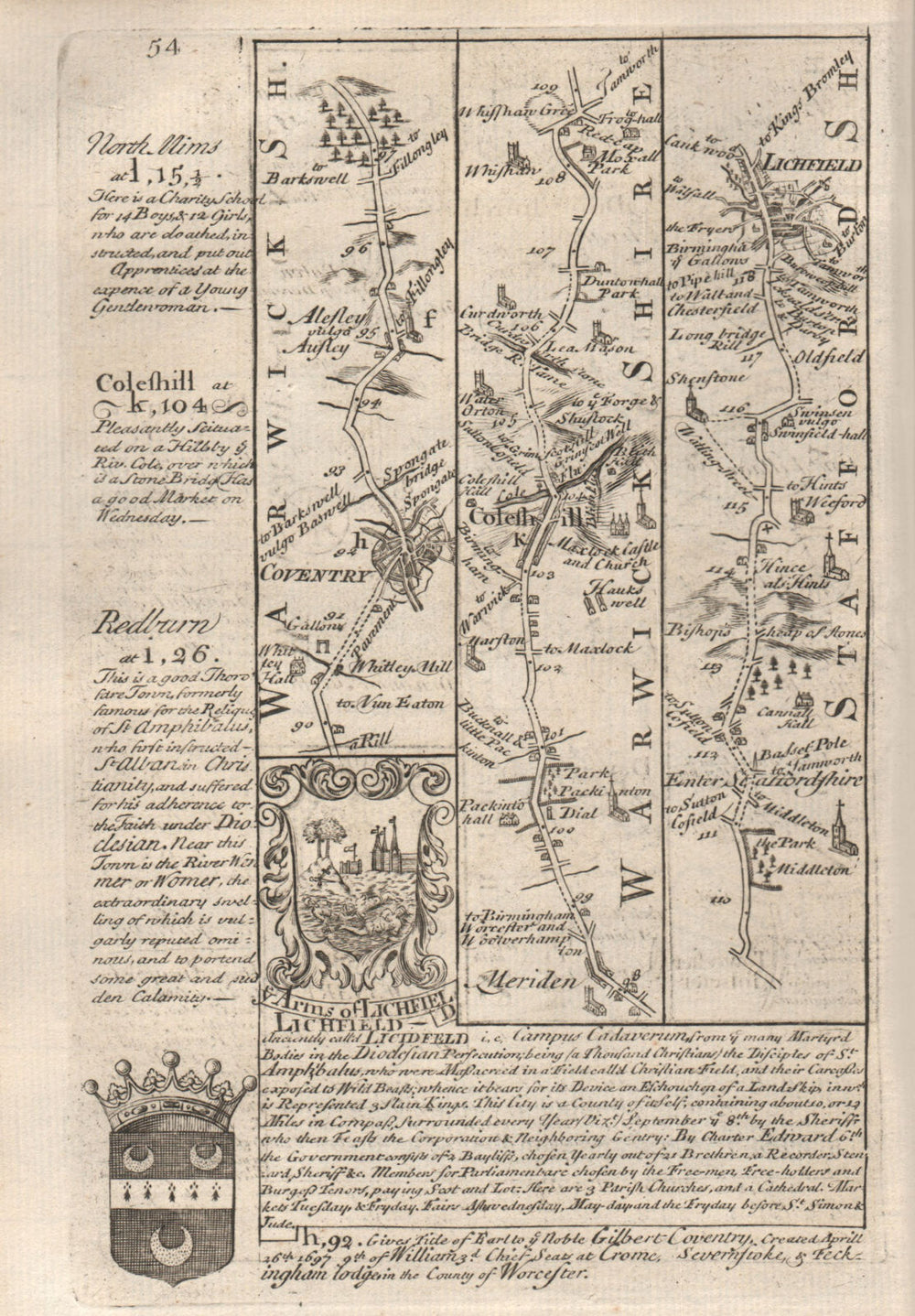 Coventry-Meriden-Coleshill-Lichfield road strip map by J. OWEN & E. BOWEN 1753