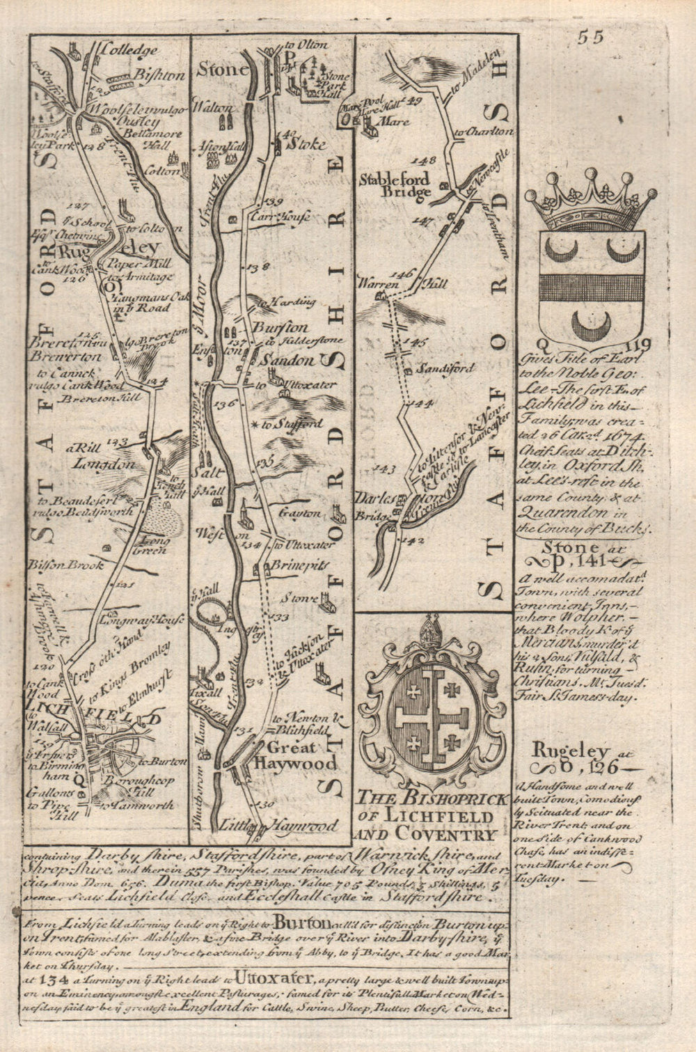 Lichfield-Rugeley-Great Haywood-Barlaston-Stableford OWEN/BOWEN road map 1753