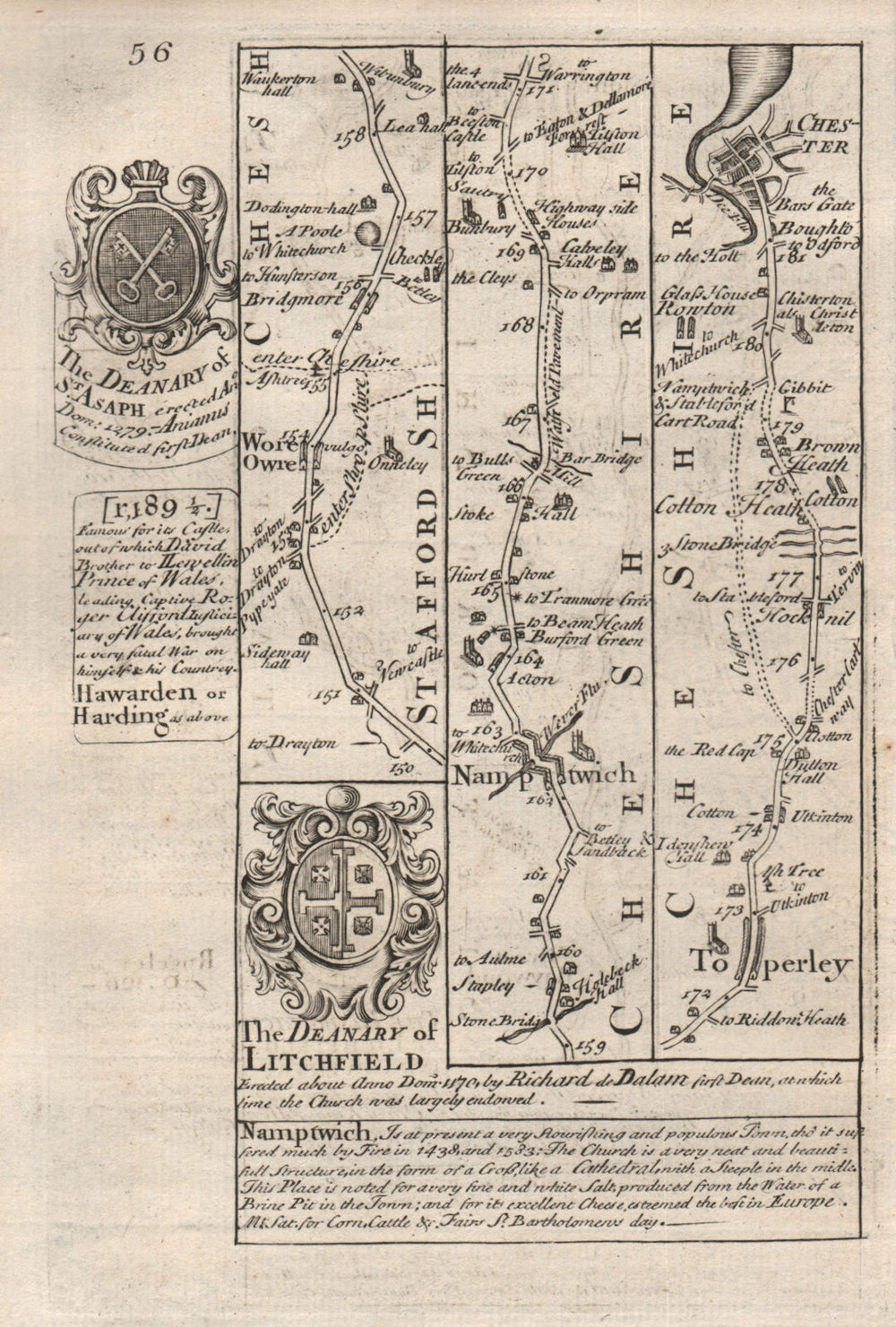 Woore-Nantwich-Tarporley-Chester road strip map by J. OWEN & E. BOWEN 1753