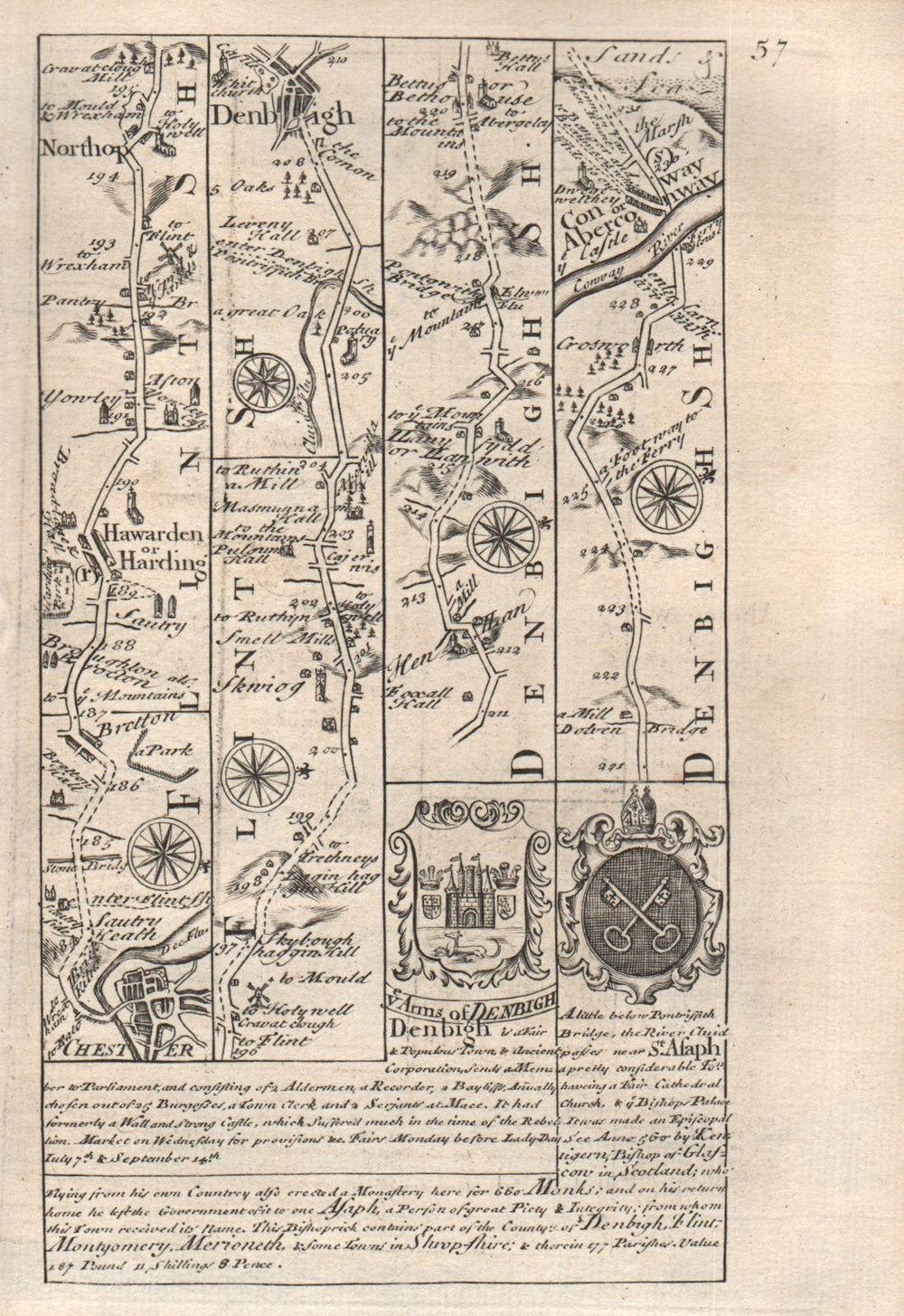 Chester-Hawarden-Northop Hall-Denbigh-Conwy road map by OWEN & BOWEN 1753