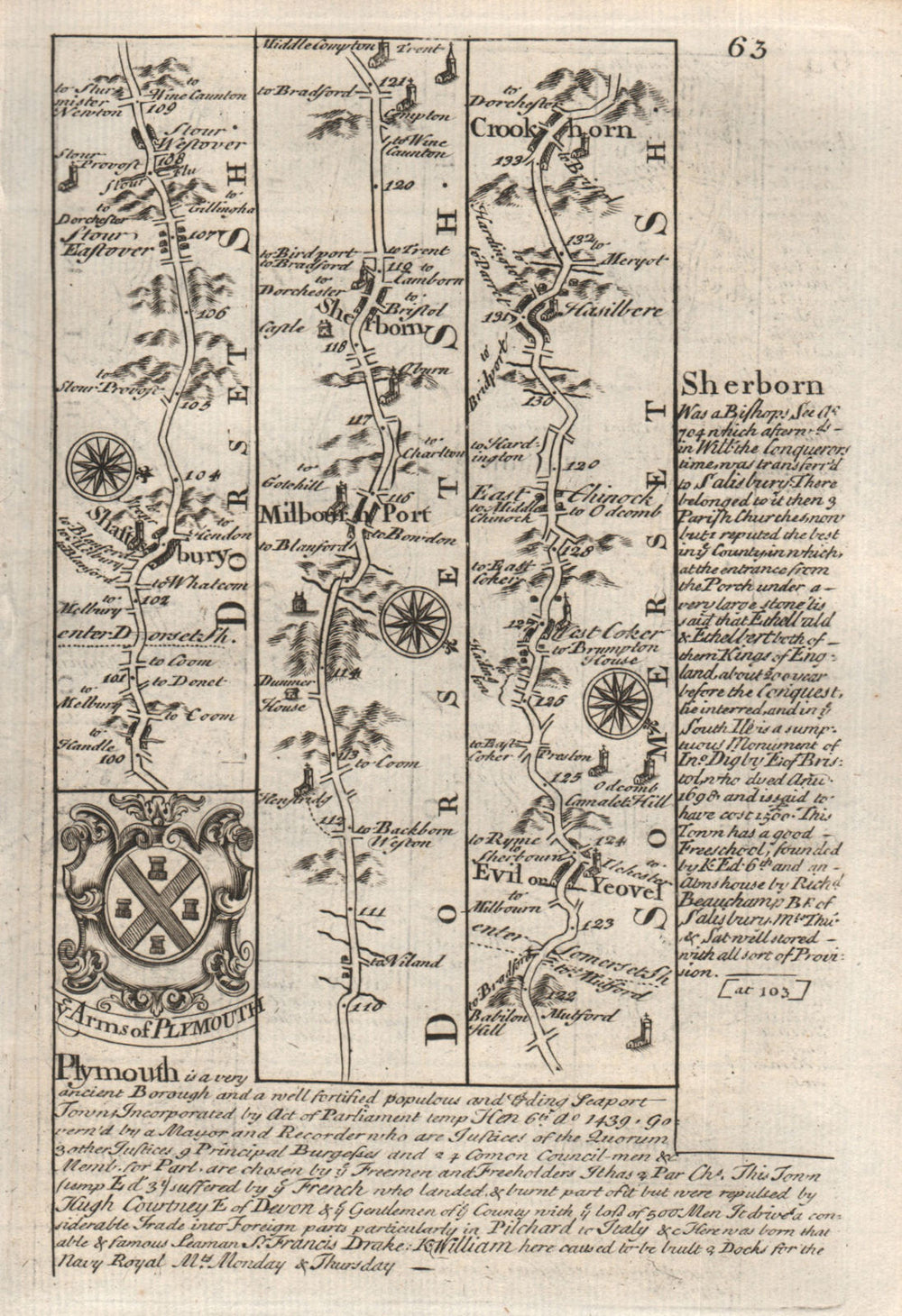 Shaftesbury-Milborne Port-Sherborne-Yeovil-Crewkerne OWEN/BOWEN road map 1753