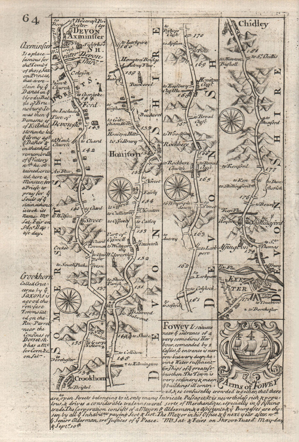 Crewkerne-Axminster-Honiton-Exeter-Chudleigh road map by OWEN & BOWEN 1753