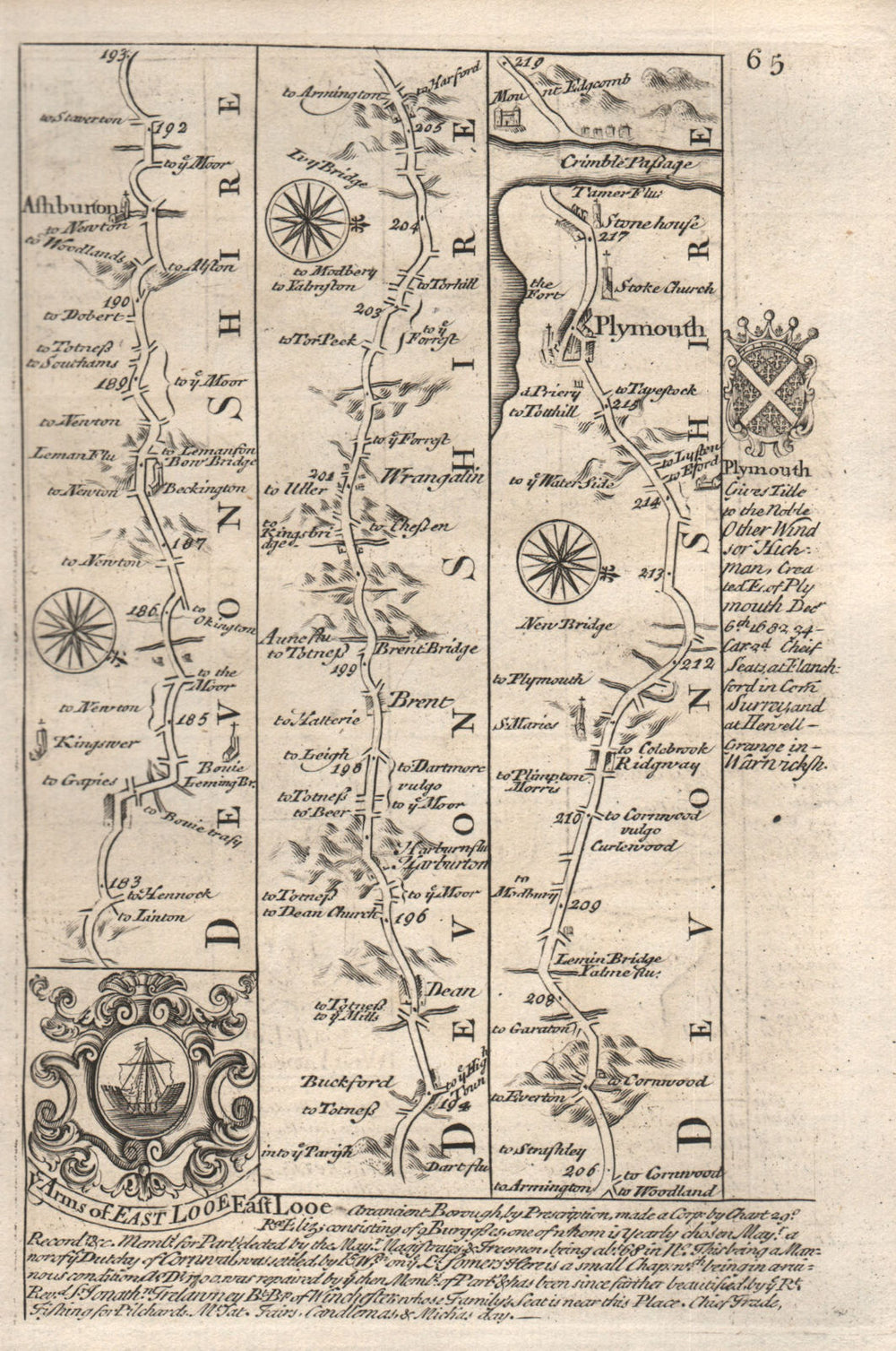 Ashburton-Dean-Plymouth road strip map by J. OWEN & E. BOWEN 1753 old