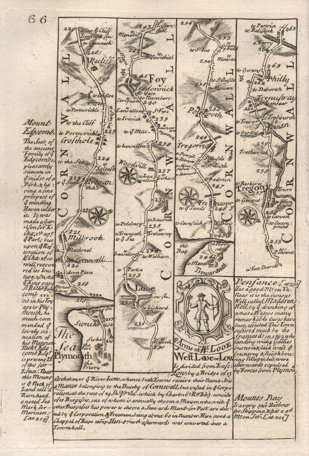 Millbrook-Looe-Fowey-Tywardreath-Tregony road map by J. OWEN & E. BOWEN 1753