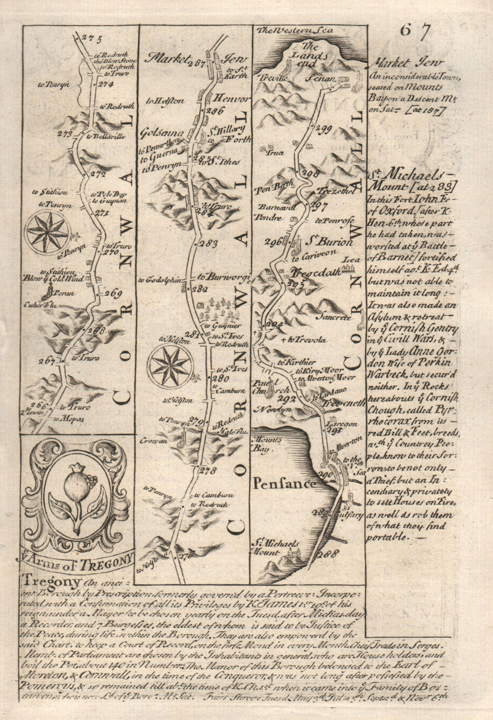 Marazion-Penzance-St Buryan-Lands End road map by J. OWEN & E. BOWEN 1753