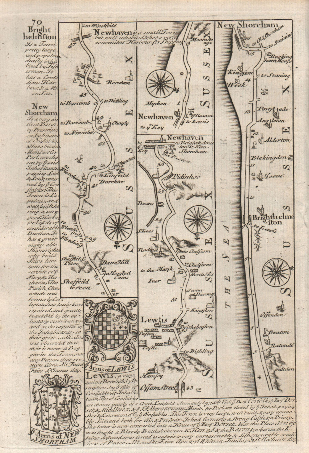 Newhaven-Lewes-Brighton-Shoreham by Sea road map by J. OWEN & E. BOWEN 1753