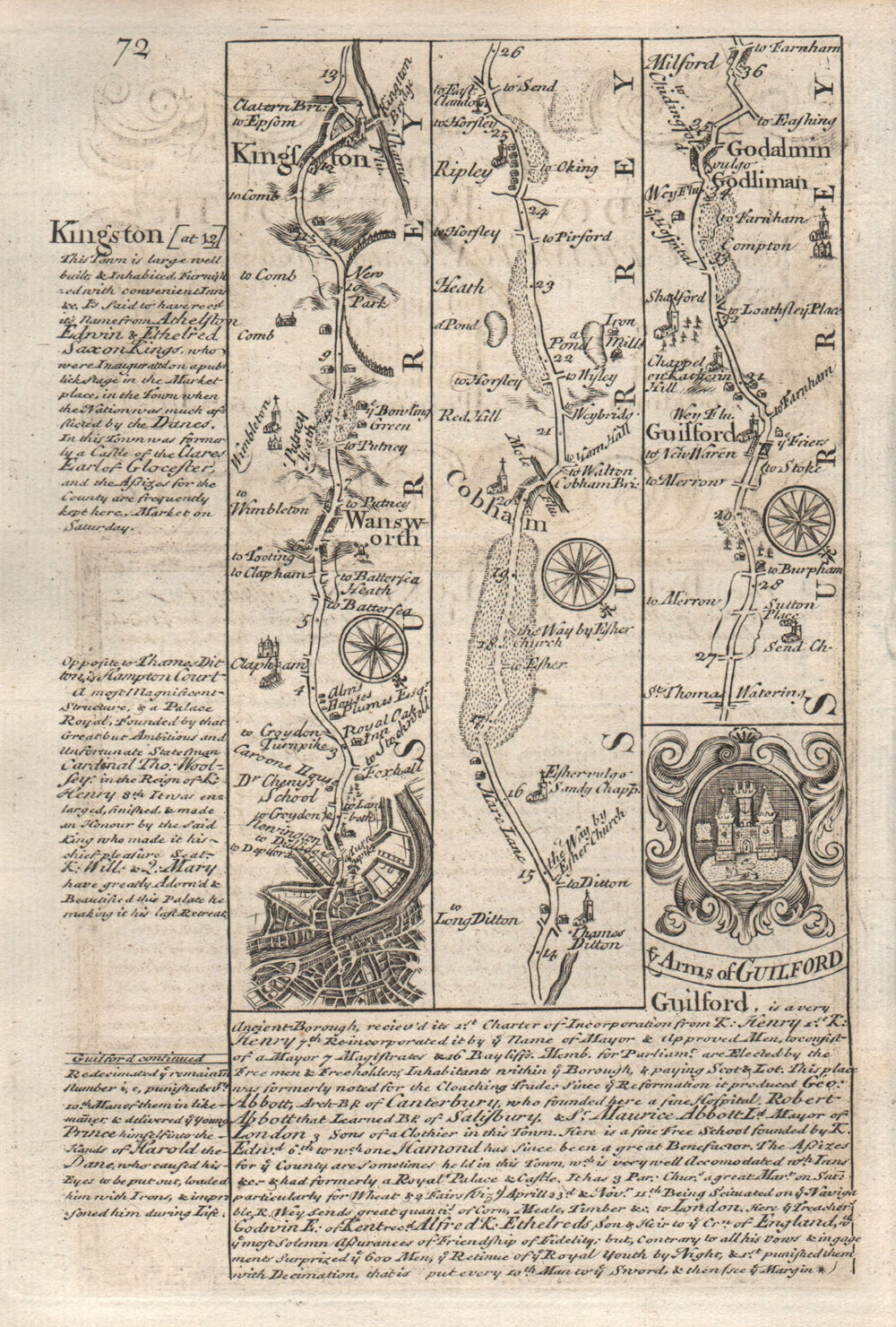 London-Clapham-Wandsworth-Kingston-Cobham-Guildford-Godalming BOWEN map 1753
