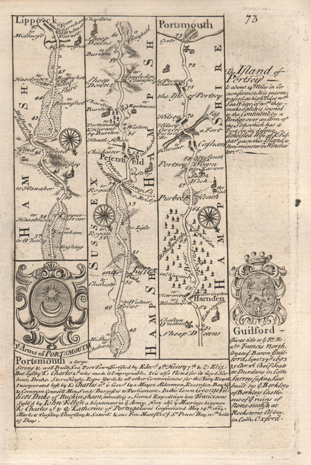 Liphook-Petersfield-Hambledon-Portsmouth road map by J. OWEN & E. BOWEN 1753