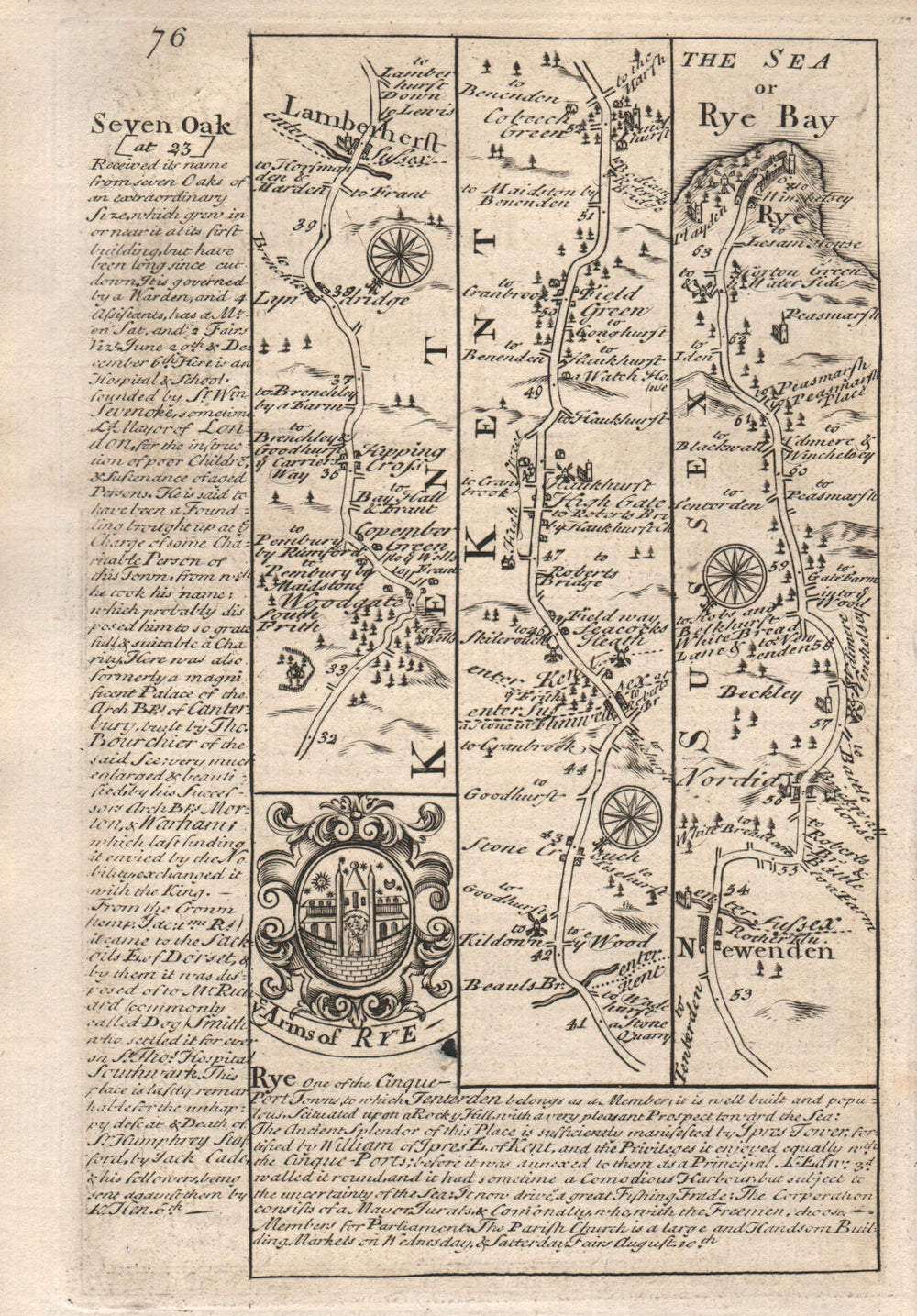 Lamberhurst-Flimwell-Newenden-Beckley-Rye road map by J. OWEN & E. BOWEN 1753