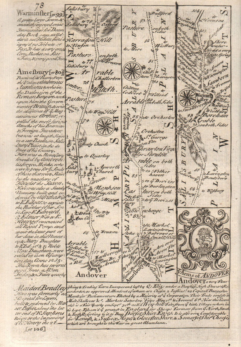 Andover-Amesbury-Warminster road strip map by J. OWEN & E. BOWEN 1753 old