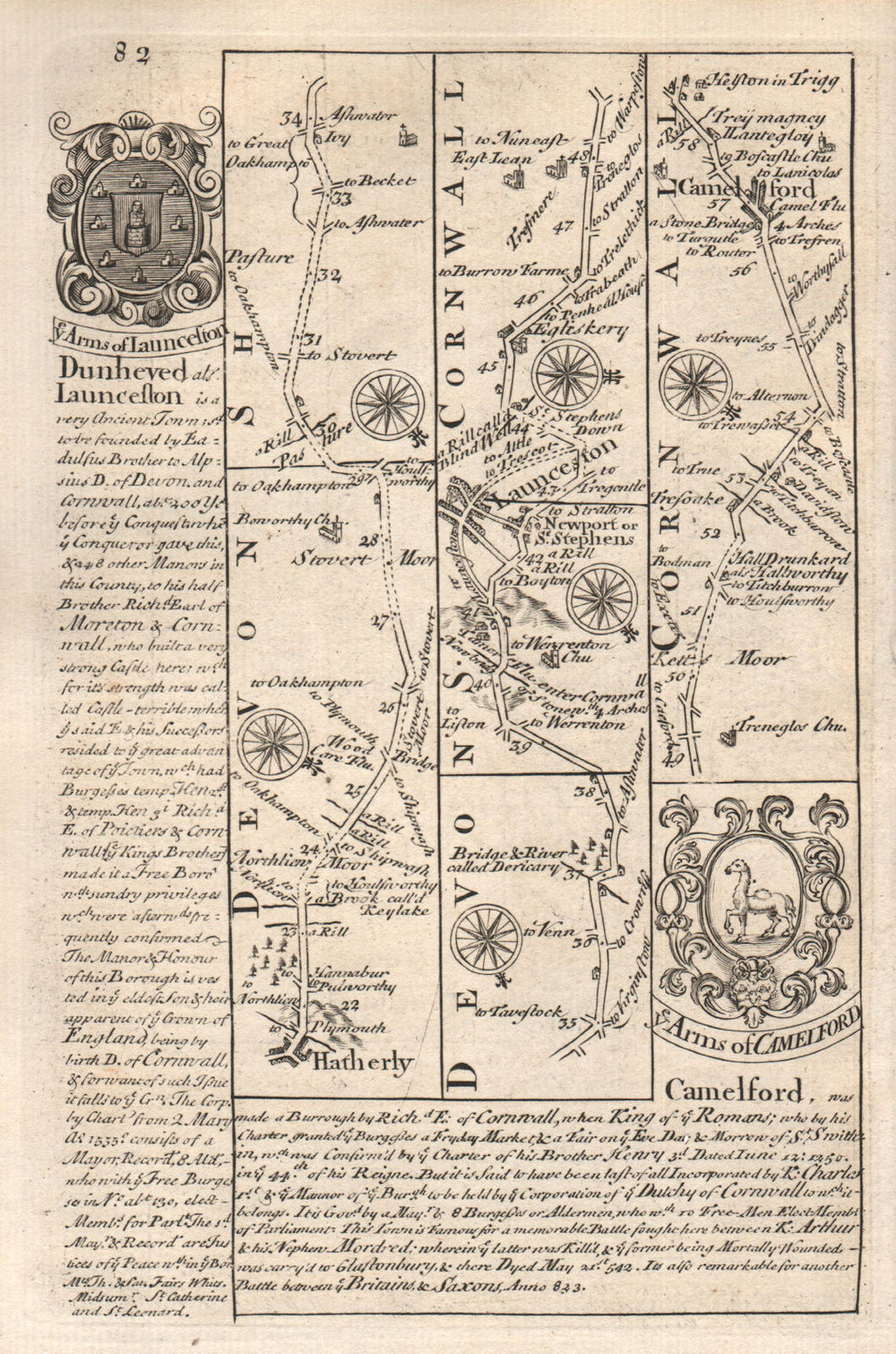Hatherleigh-Launceston-Camelford road strip map by J. OWEN & E. BOWEN 1753
