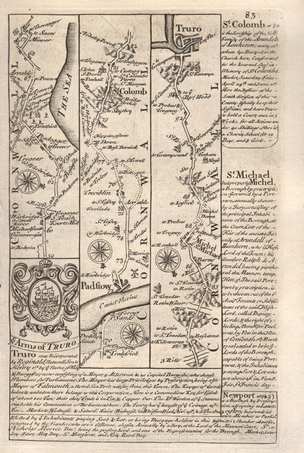 Pendoggett-Padstow-St Columb Major-Truro road map by J. OWEN & E. BOWEN 1753