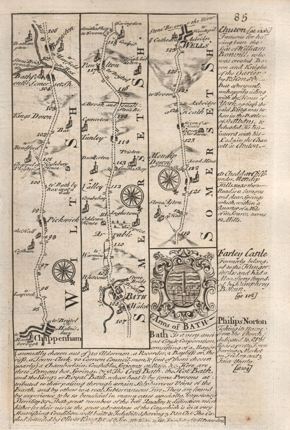 Chippenham-Bath-Paulton-Wells road strip map by J. OWEN & E. BOWEN 1753