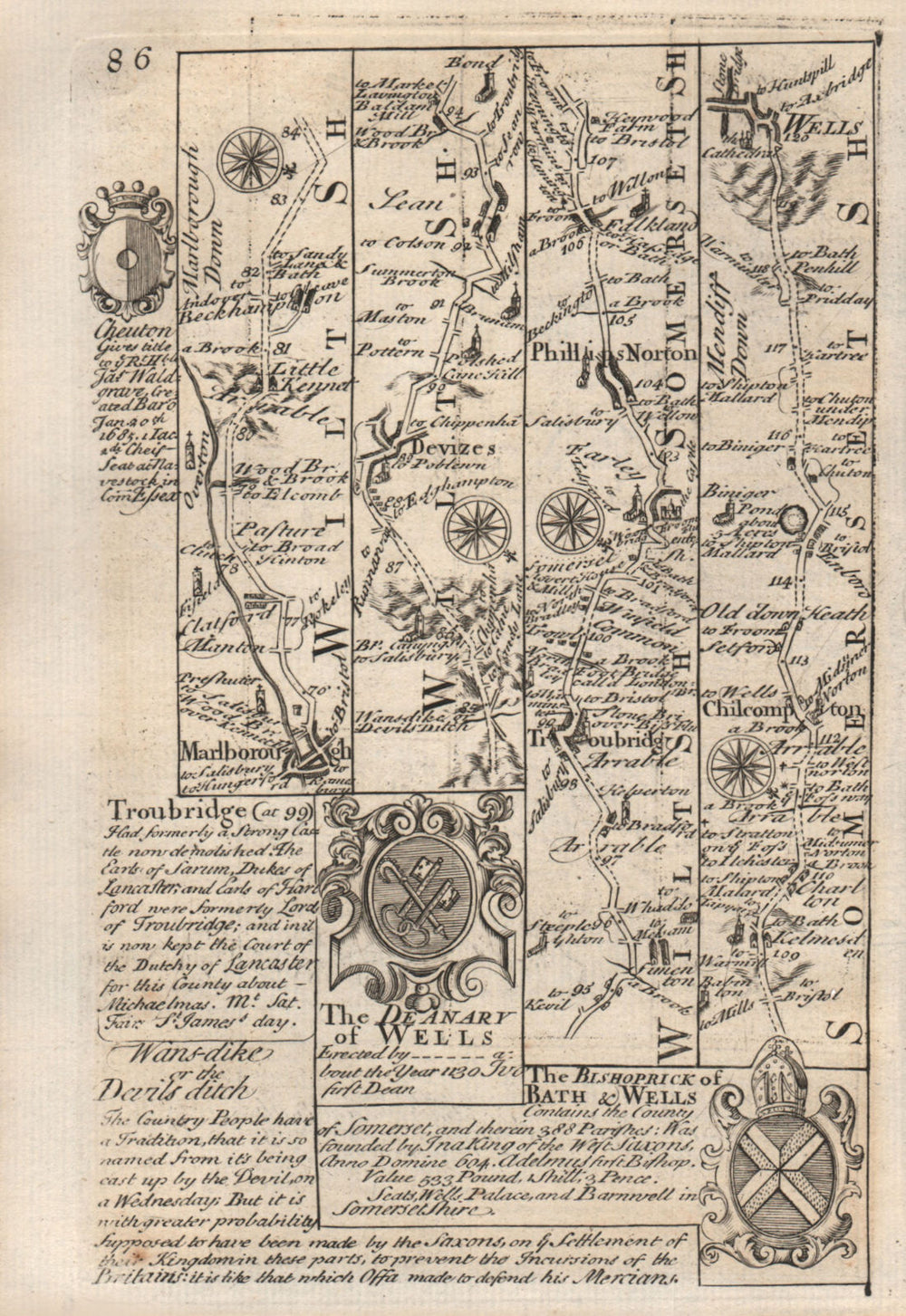 Marlborough-Devizes-Trowbridge-Chilcompton-Wells road map by OWEN & BOWEN 1753