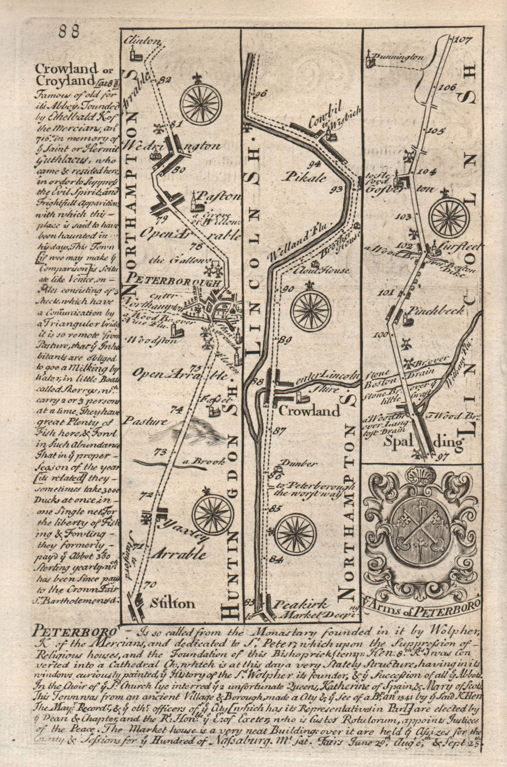 Stilton-Peterborough-Crowland-Spalding-Surfleet road map by OWEN & BOWEN 1753