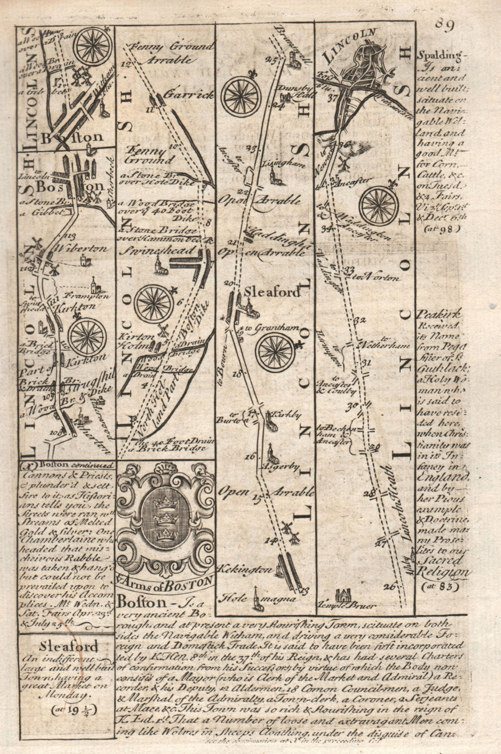 Kirton-Boston-Swineshead-Sleaford-Lincoln road map by J. OWEN & E. BOWEN 1753