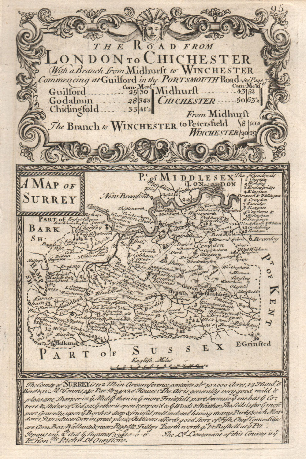'A Map of Surrey'. County map by J. OWEN & E. BOWEN 1753 old antique chart