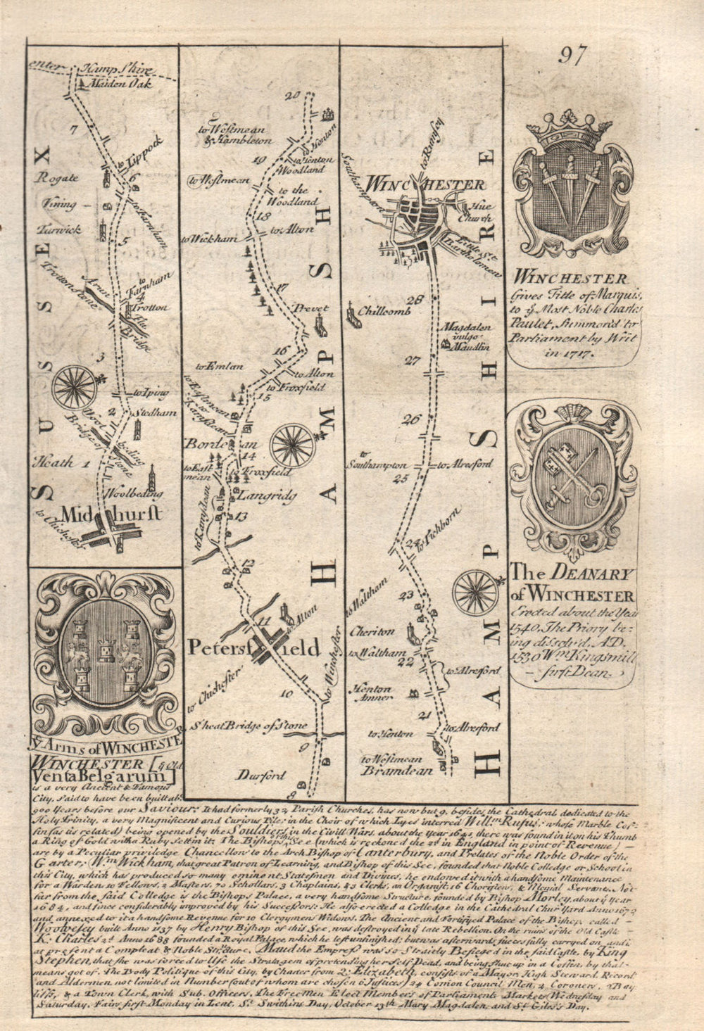 Midhurst-Petersfield-Bordean-Winchester road map by J. OWEN & E. BOWEN 1753